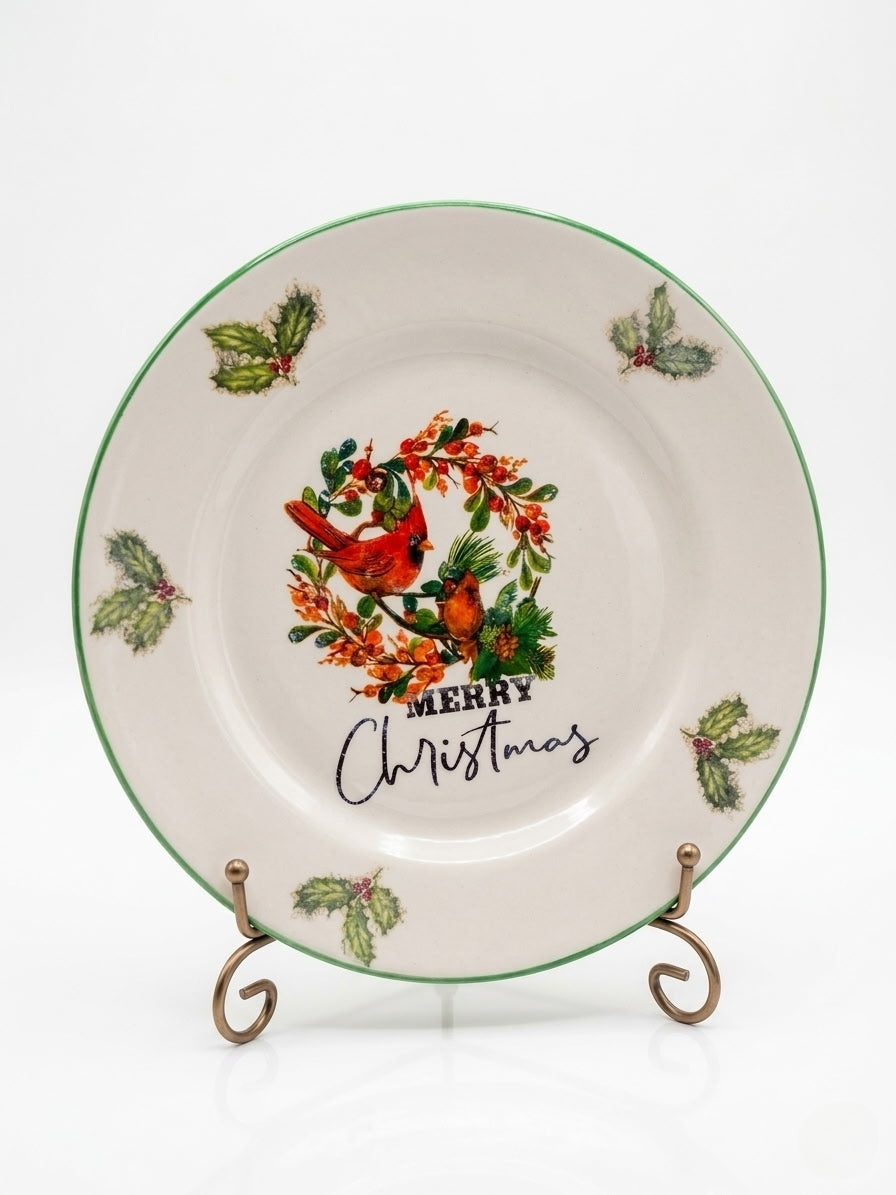 Hand-Decorated Glass Christmas Display Plate with Cardinals