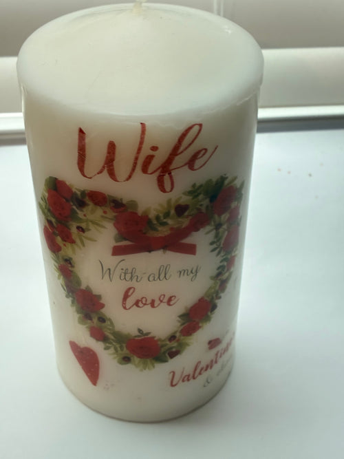 Wife With All My Love Valentine handmade ivory pillar candle with red rose heart wreath design