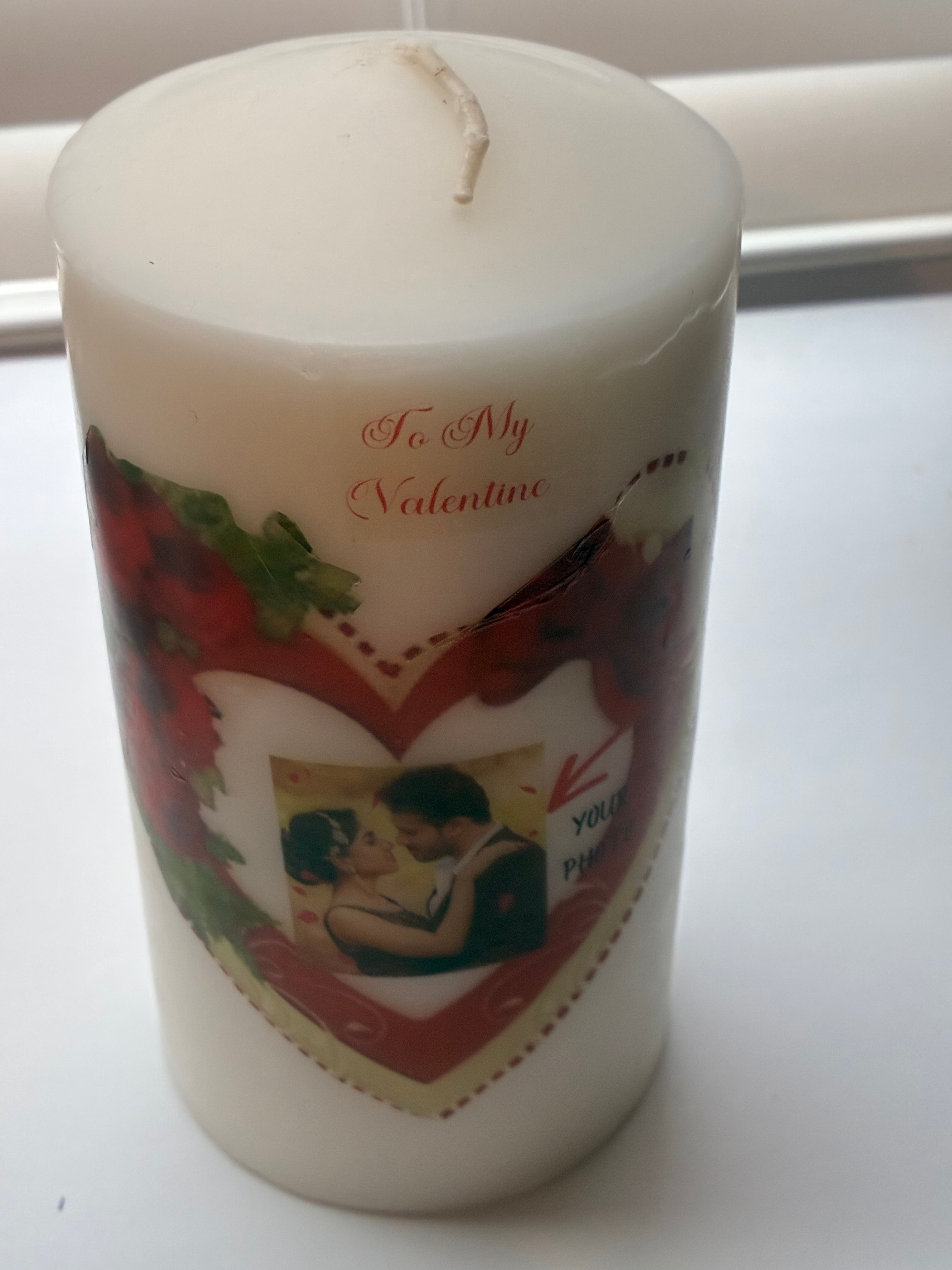 To My Valentine handmade ivory pillar candle with couple in red rose heart design