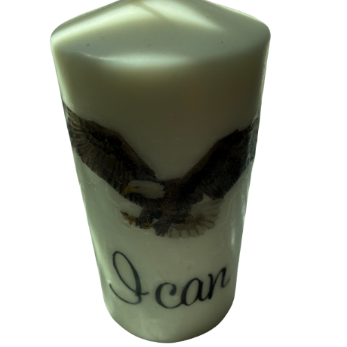Handmade motivational pillar candle with eagle design and I Can inscription