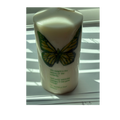 Handmade ivory pillar candle with green and gold butterfly and inspirational quote