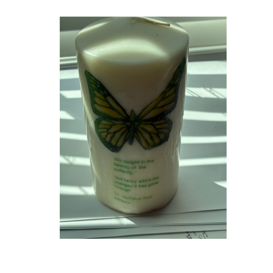 Handmade ivory pillar candle with green and gold butterfly and inspirational quote